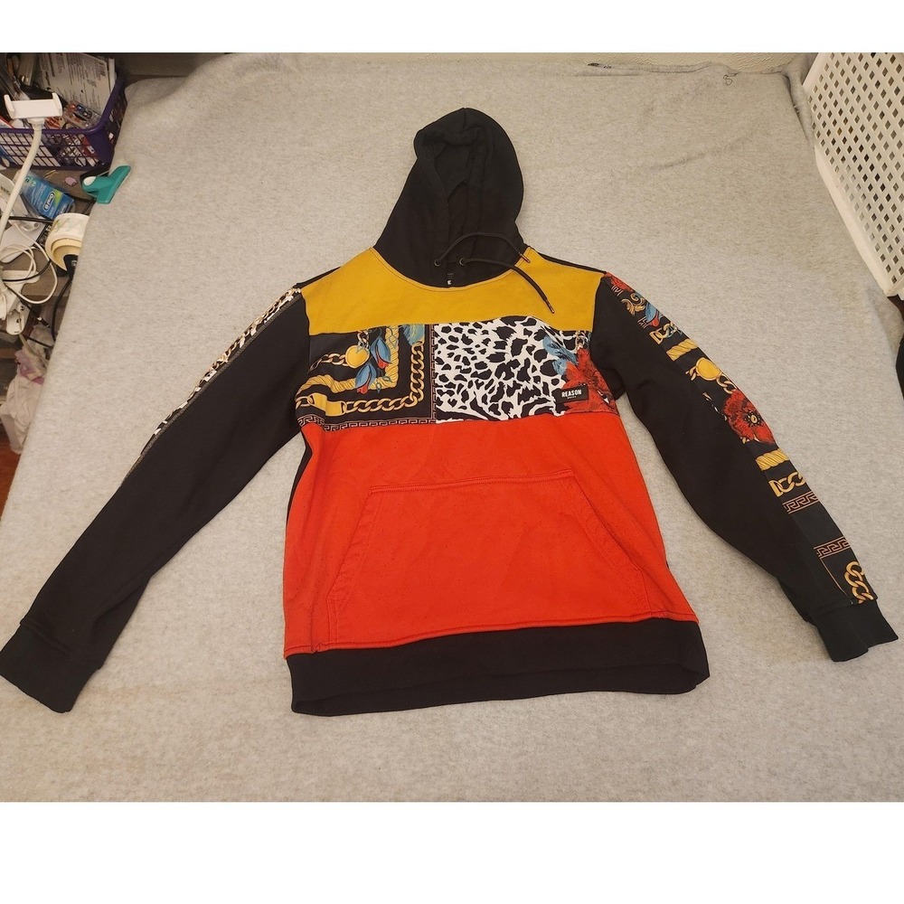 Reason Hoodie Sweatshirt Mens Medium Black Colorblock‎ Patchwork Animal Print